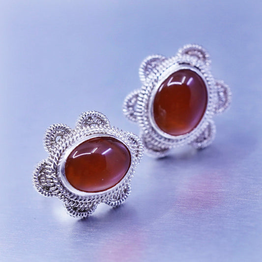 Vintage Sterling 925 silver handmade earrings, floral studs with carnelian