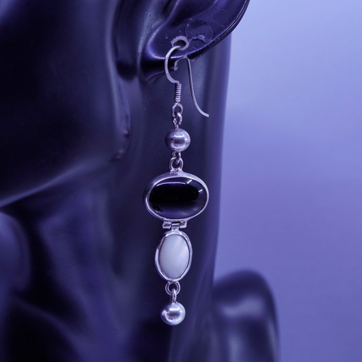 Vintage Sterling 925 silver handmade earrings w/ oval obsidian mother of pearl
