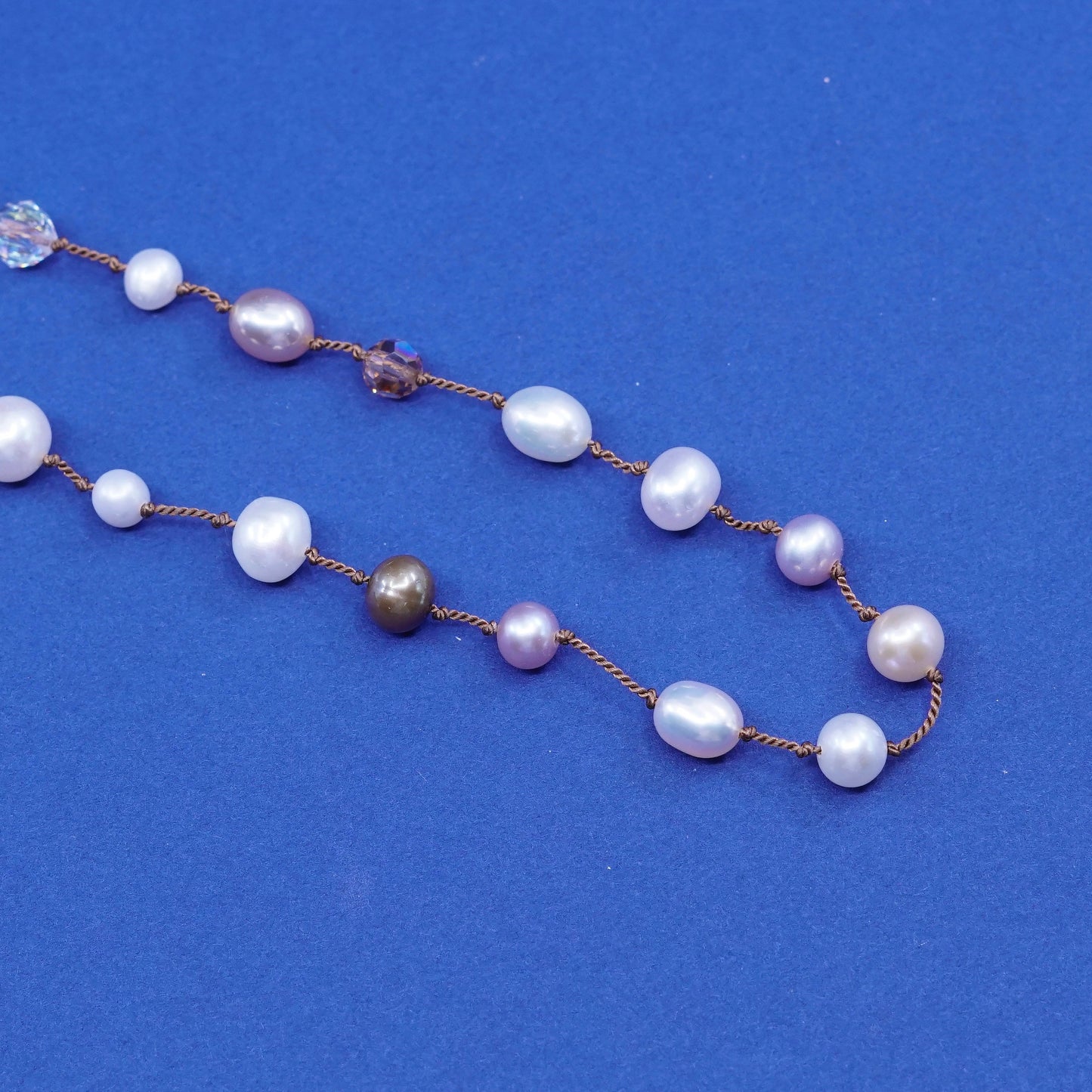 17”, Sterling silver Linen necklace, 925 heart clasp w/ pearl crystal beads