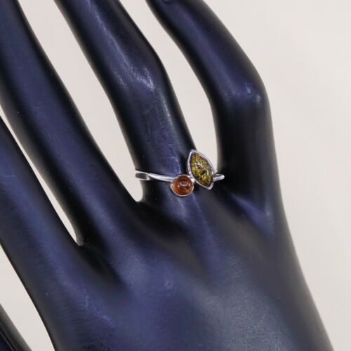 Sz 7.25, Orangle Amber Cabochon Sterling Silver Solitaire Ring, Stamped 925