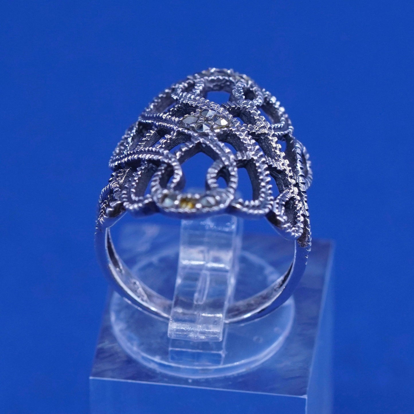 Size 5.5, vtg sterling silver handmade ring, 925 woven band w/ marcasite
