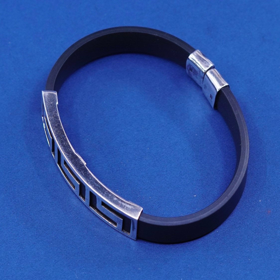 6.75”, vtg Sterling silver handmade bracelet, 925 Greek key bar w/ rubber band
