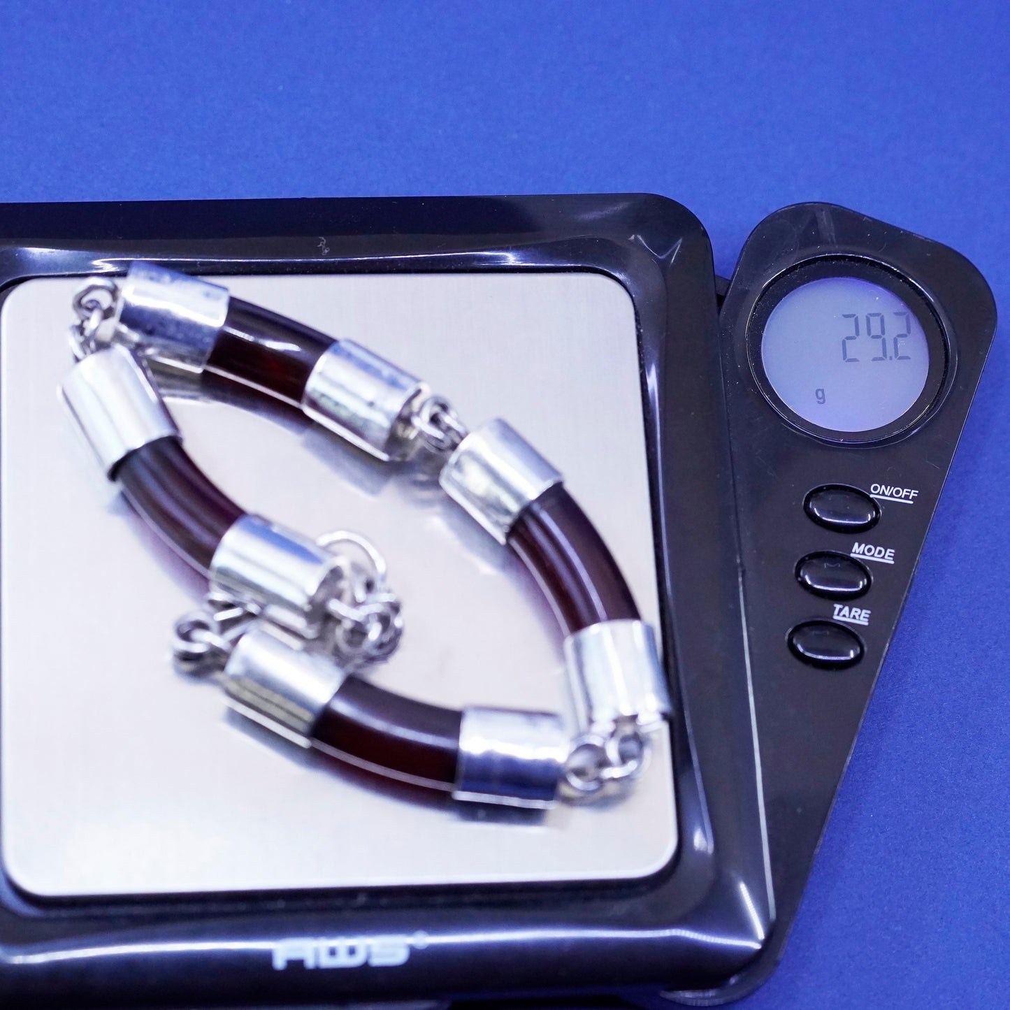 8”, vintage Sterling silver handmade bracelet, 925 bar with amber tube