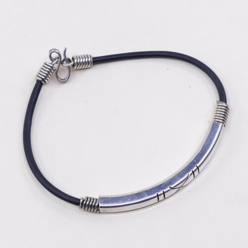 7.25” Vtg Mexico Black Rubber Handmade Bracelet W/ Sterling 925 Silver Slide Bar