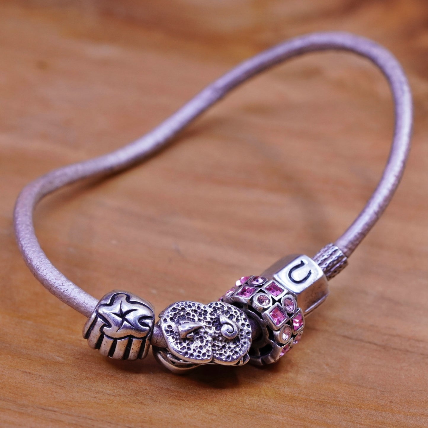 7.25”, vtg CHAMILIA CHAM sterling silver handmade bracelet, 925 leather core