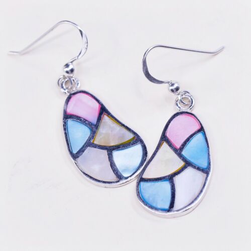 STERLING 925 SILVER Handmade Earrings W/ Blue N Pink Bean MOTHER OF PEARL