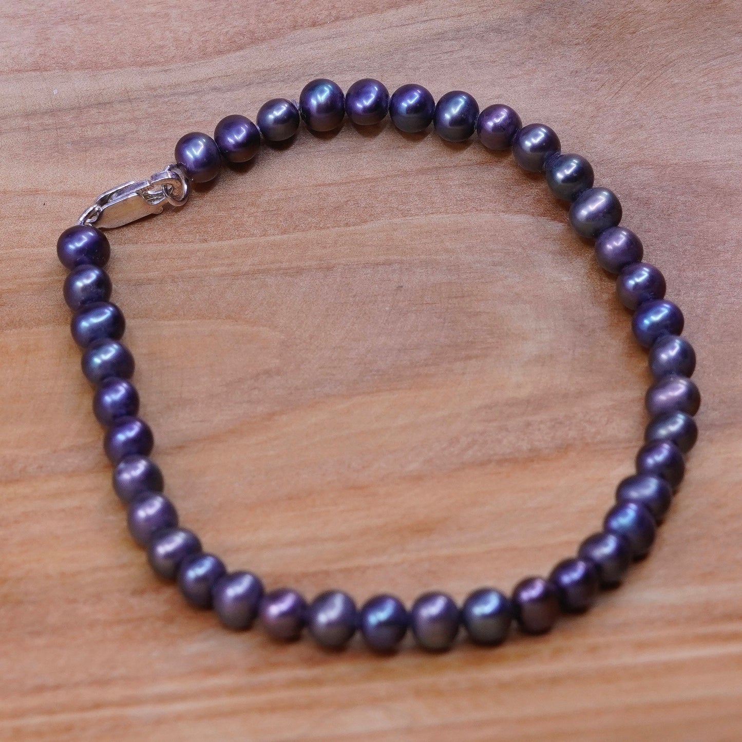 7” vtg handmade genuine black pearl beads bracelet, sterling 925 silver clasp
