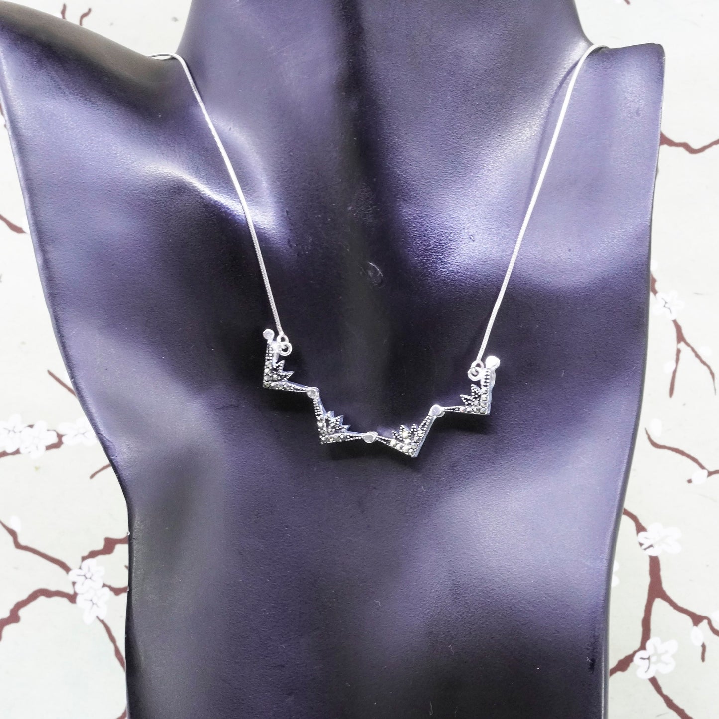 20”, sterling 925 silver necklace, snake chain w/ marcasite triangular pendant