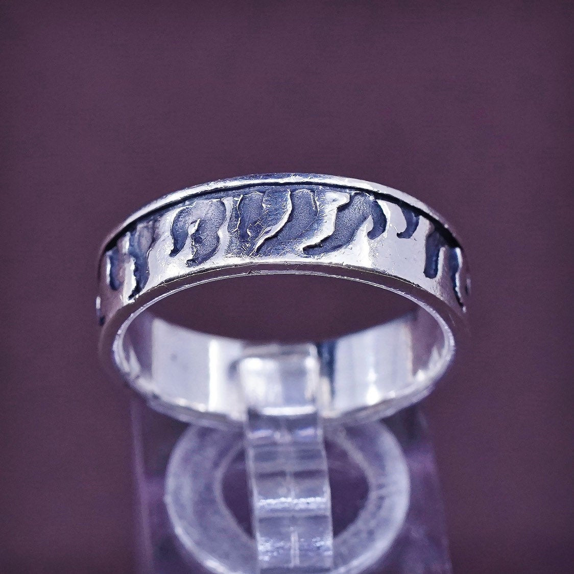 sz 11, vtg Sterling silver handmade ring, 925 band w/ fire embossed