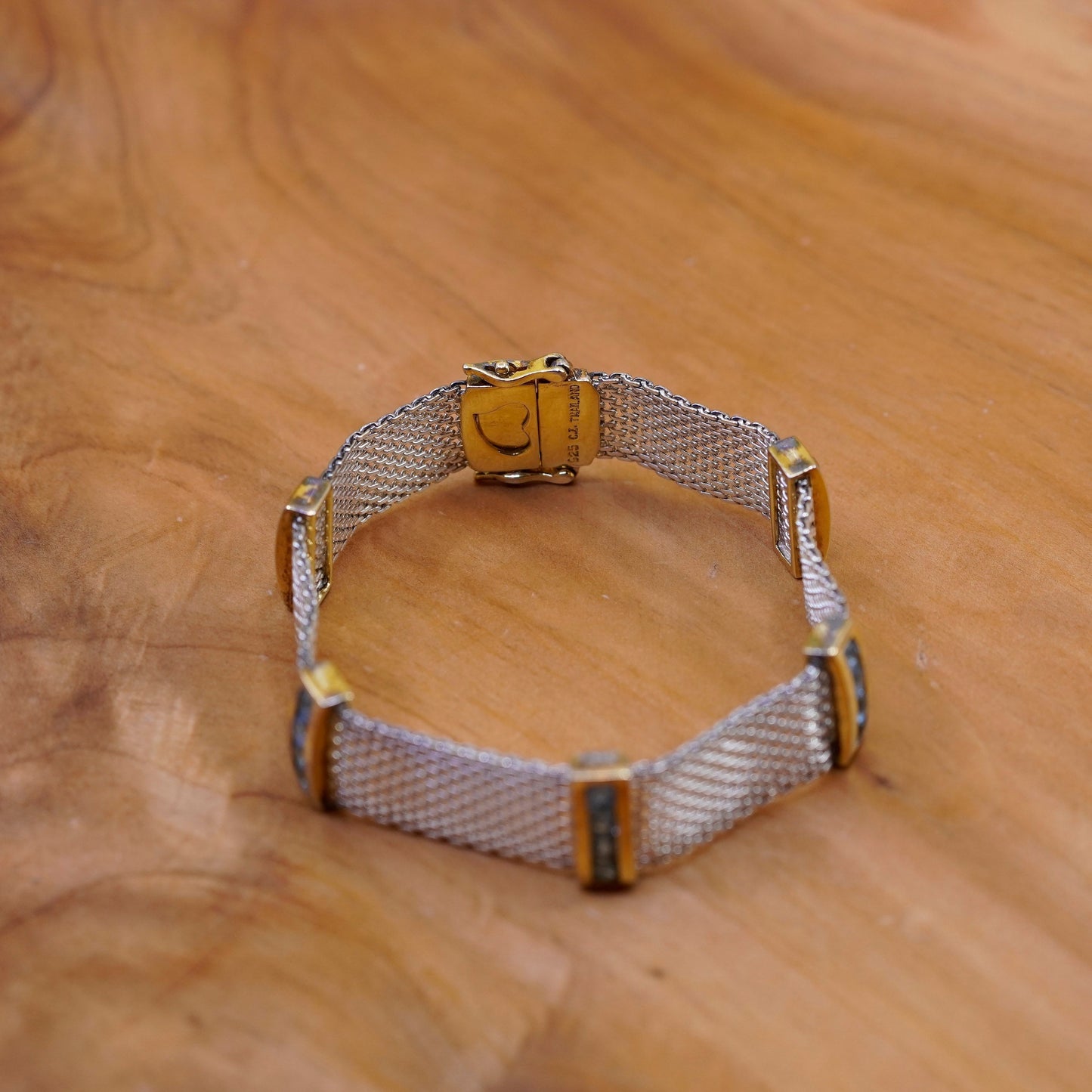 7”, Vintage two tone Sterling 925 silver handmade bracelet, mesh chain topaz