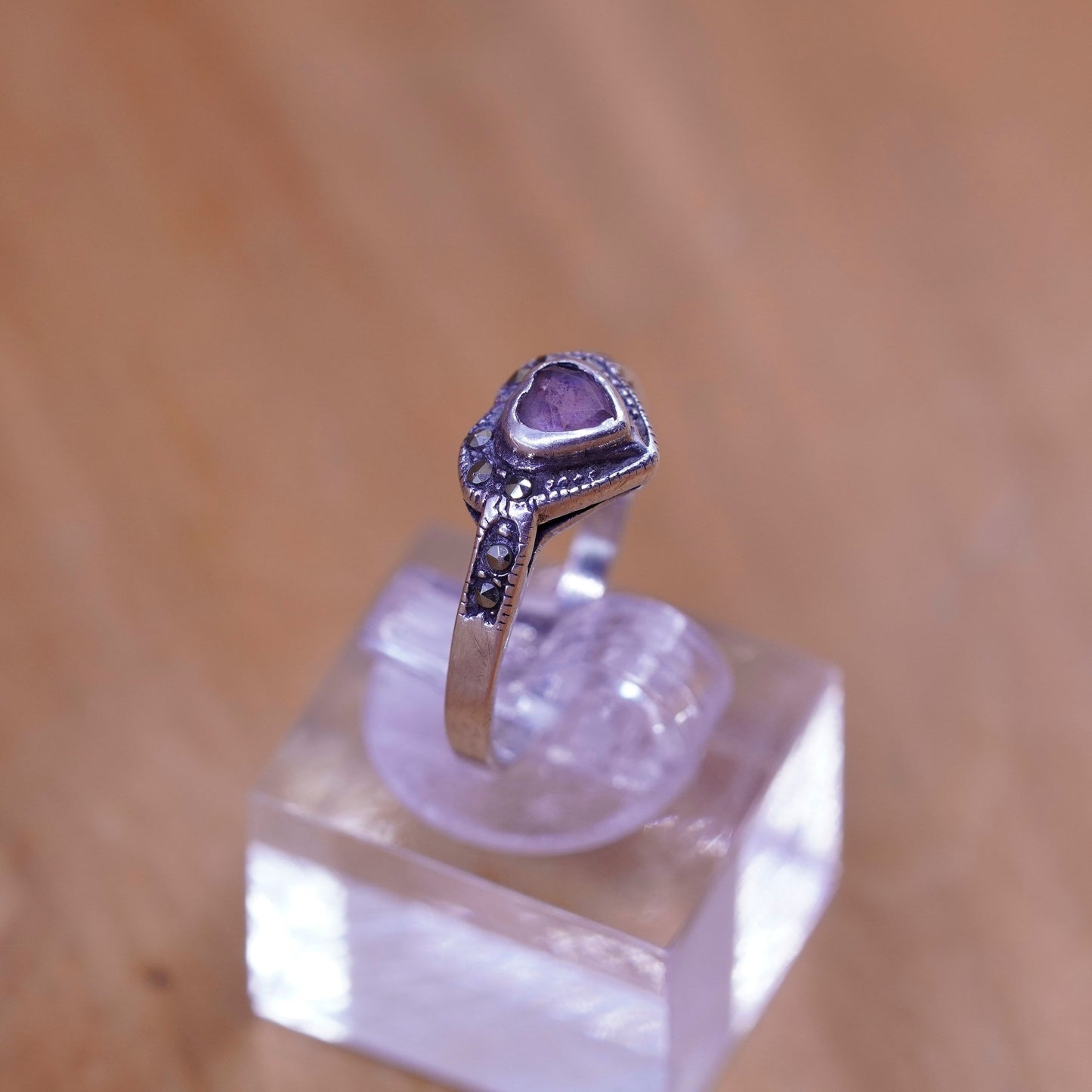 Size 6.25, Sterling 925 silver handmade ring with heart amethyst and marcasite