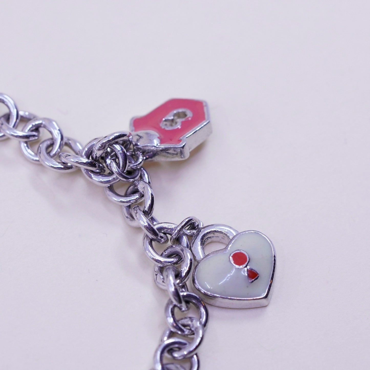 7”, sterling silver circle bracelet, 925 chain enamel heart key sandal charms
