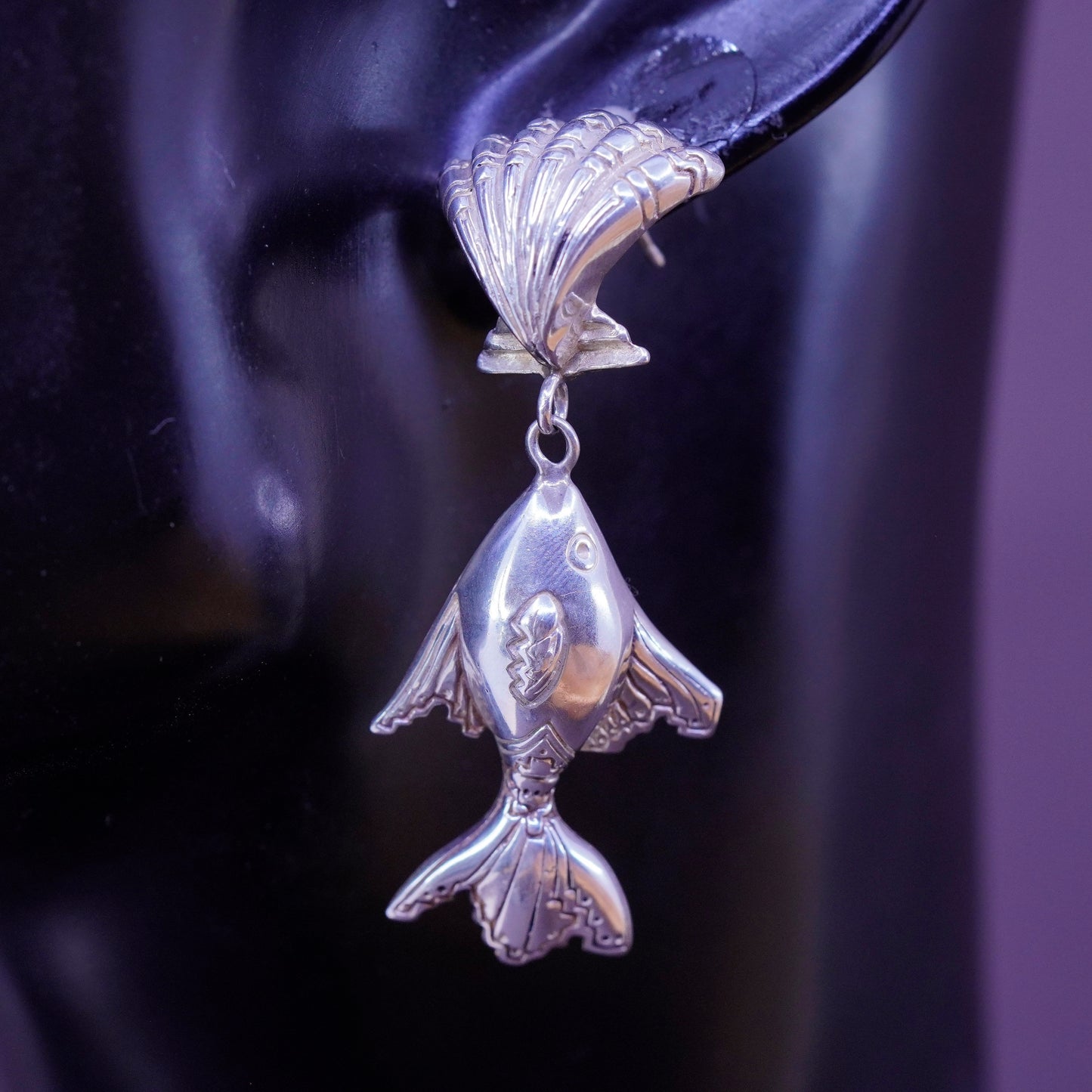 Vintage sterling silver handmade earrings, 925 shell studs with fish drops