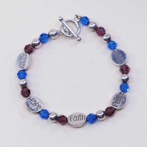 7.25” Vtg Sterling Silver Handmade Bracelet, 925 Peace Hope Faith W/ Blue Beads