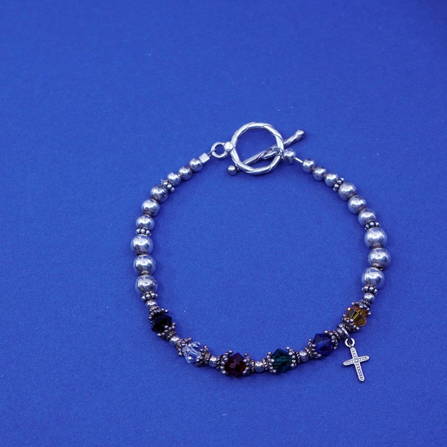 6.75”, vtg Sterling 925 silver handmade bracelet crystal beads with cross charm