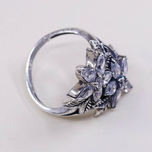 Size 8.25, Vtg Cadena Jewelry Sterling 925 Silver Handmade Flower Ring w/ Cz