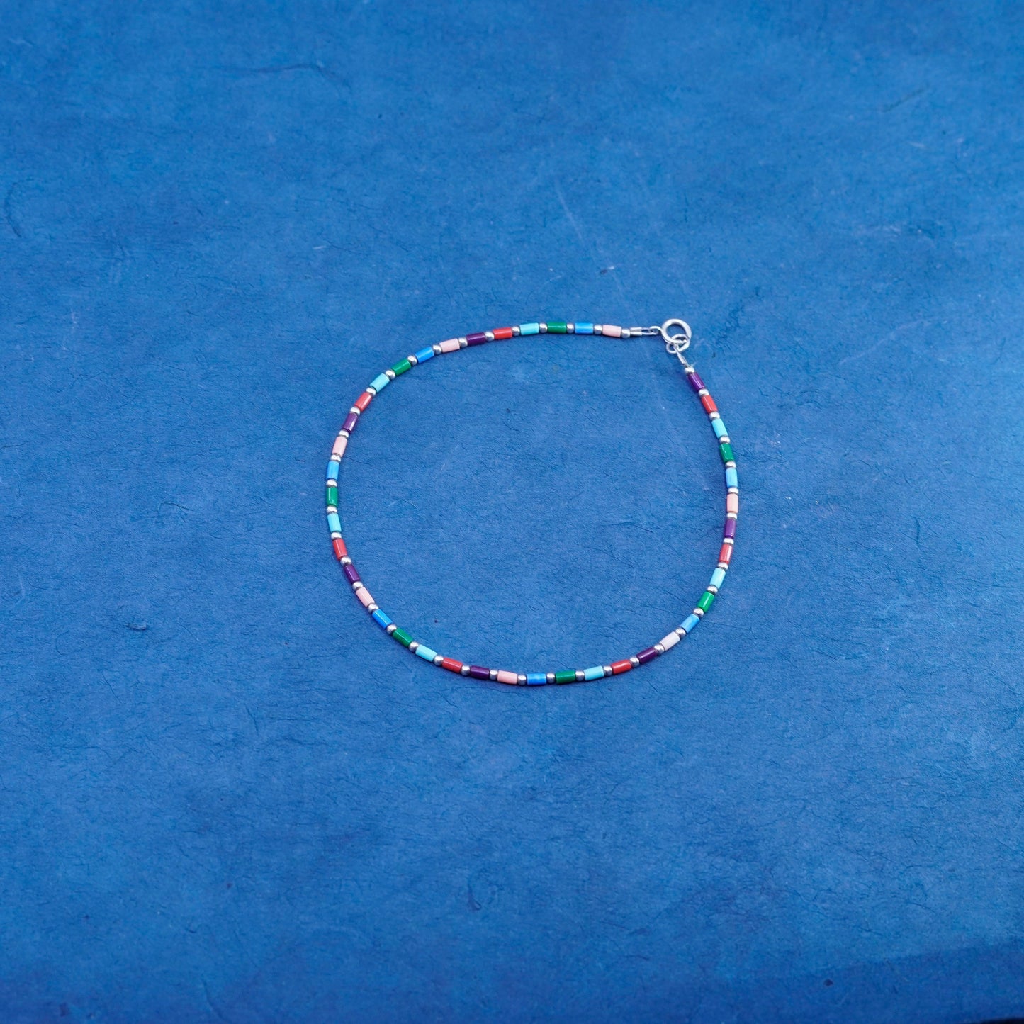 9.5”, sterling 925 liquid silver handmade bracelet, anklet chain colorful beads
