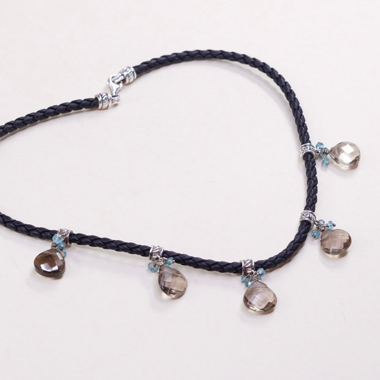 16", sterling silver choker collar necklace w/ leather Teardrop topaz charm