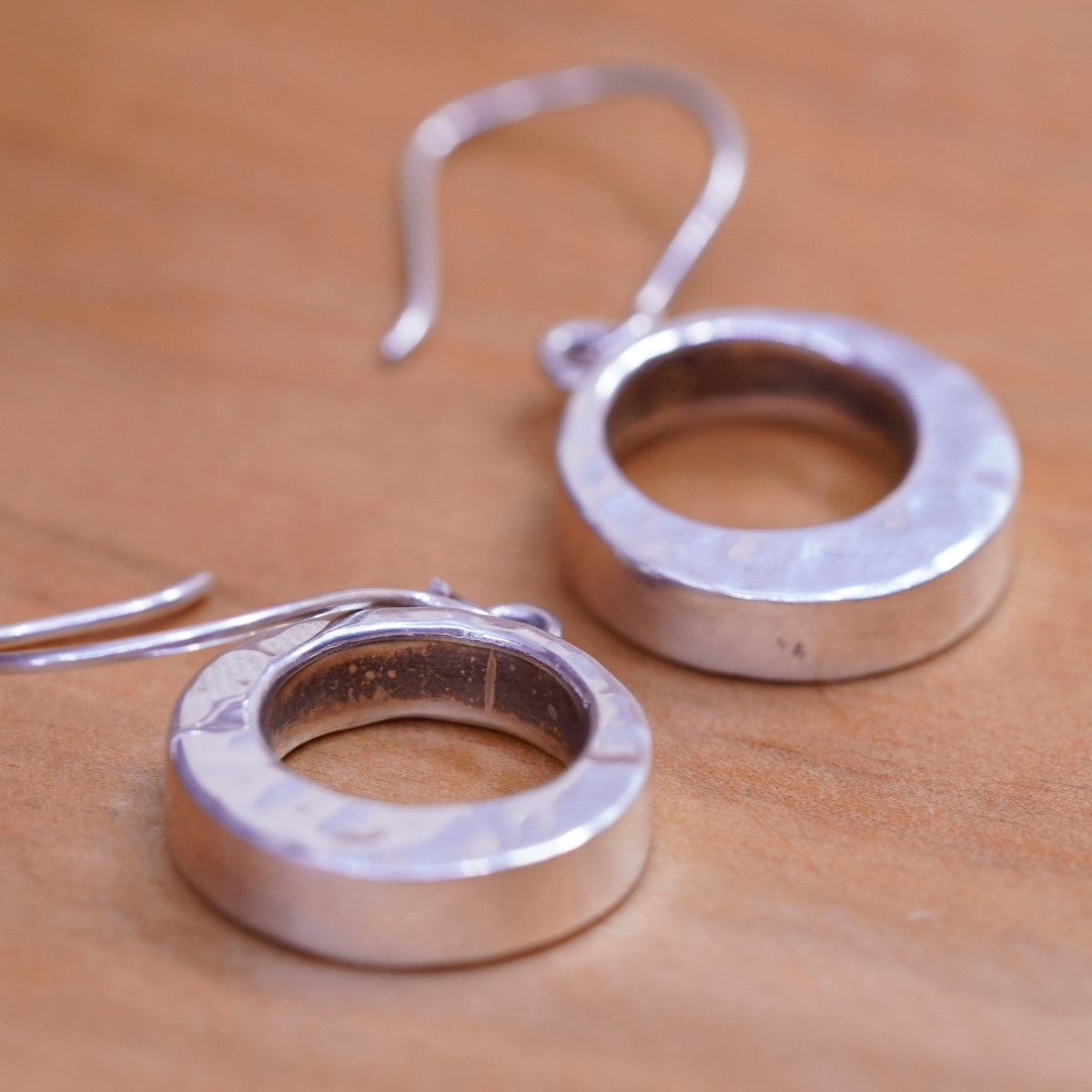 Vintage handmade sterling silver earrings, 925 circle hammered dangle