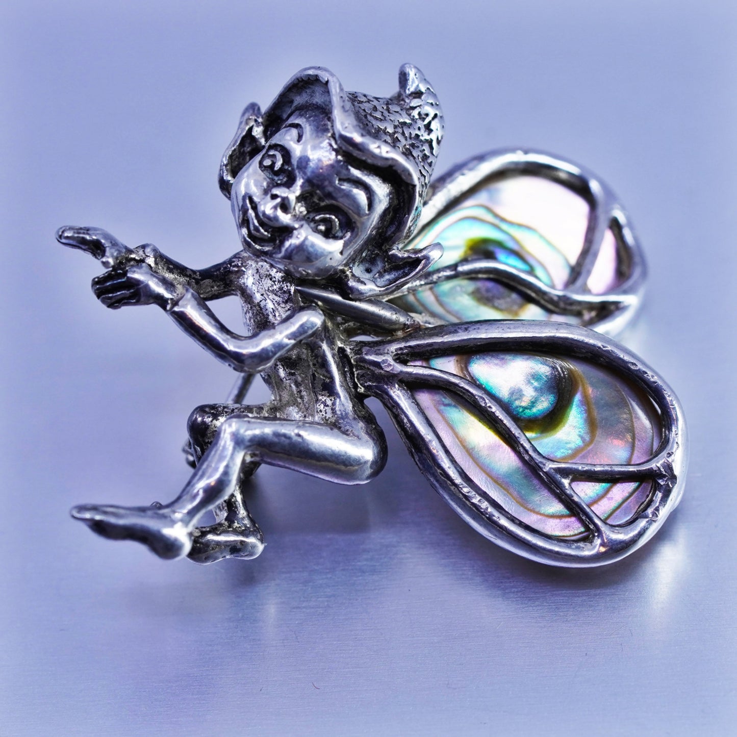 Vintage Sterling 925 silver handmade fairy brooch, pin with abalone