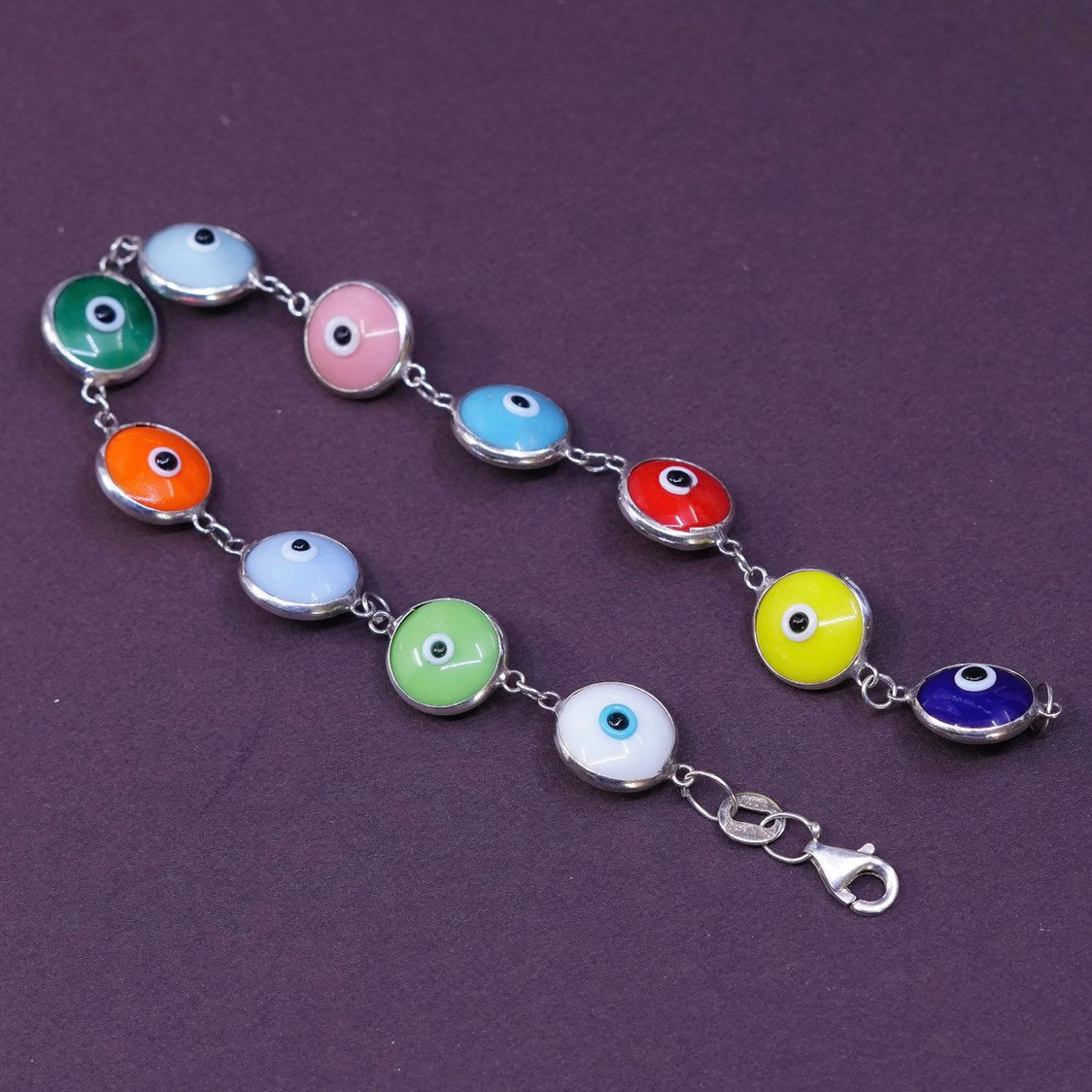 7", vtg sterling silver handmade chain, 925 evil eye bracelet, stamped 925