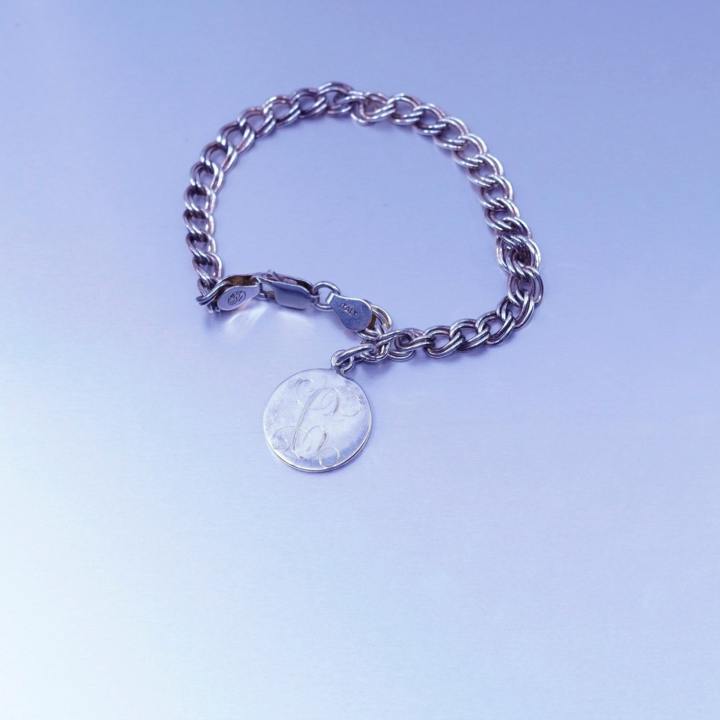 6.5”, Italy Sterling 925 silver handmade bracelet, curb chain initial C charm