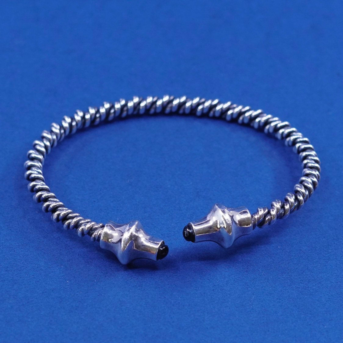 7", sterling silver handmade bracelet, 925 twisted cable cuff w/ obsidian beads