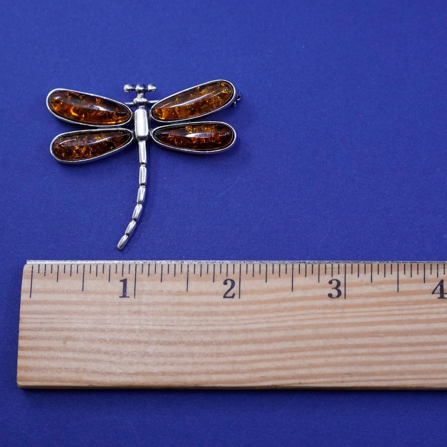 Vintage mexico Sterling 925 silver handmade dragonfly brooch with amber