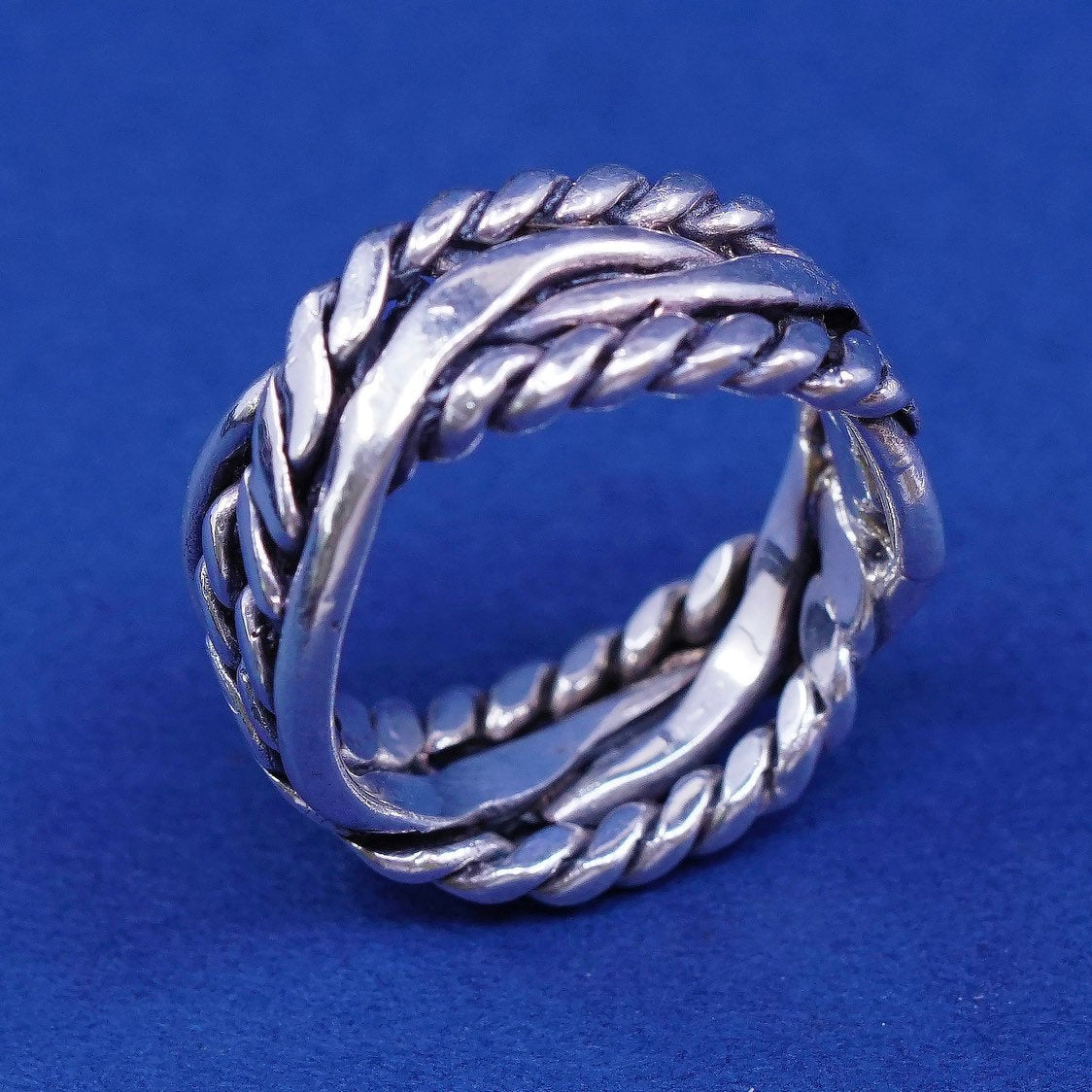 sz 7, vtg Sterling silver handmade ring, 925 band w/ woven rope