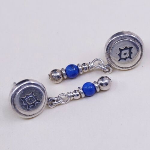 Vtg 925 Sterling Silver Handmade Earrings with Ancient Eye Embossed N Sodalite