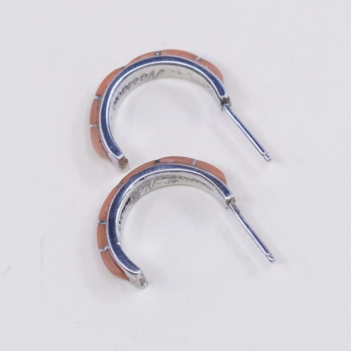 0.75”, Native American Navajo Nabiho sterling 925 silver huggie coral earrings