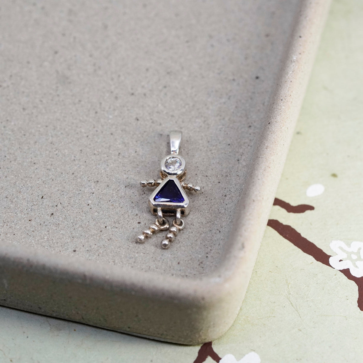 Vintage sterling silver birthstone pendant, girl figure charm with sapphire