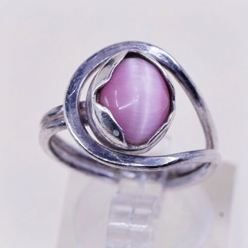 Sz 5.25, Vintage Handmade Sterling Silver Ring W/ Pink Tiger Eye, Stamped 925