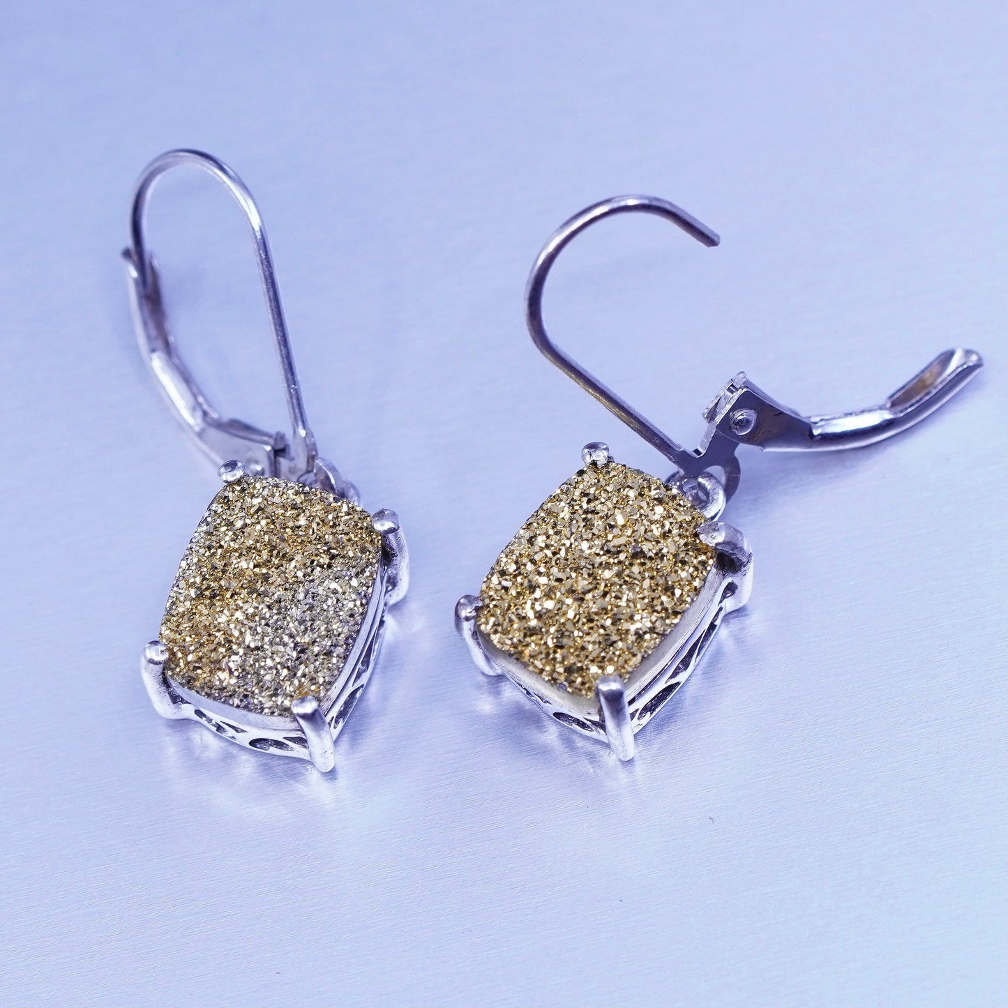 Vintage STS Sterling 925 silver earrings with golden druzy dangles