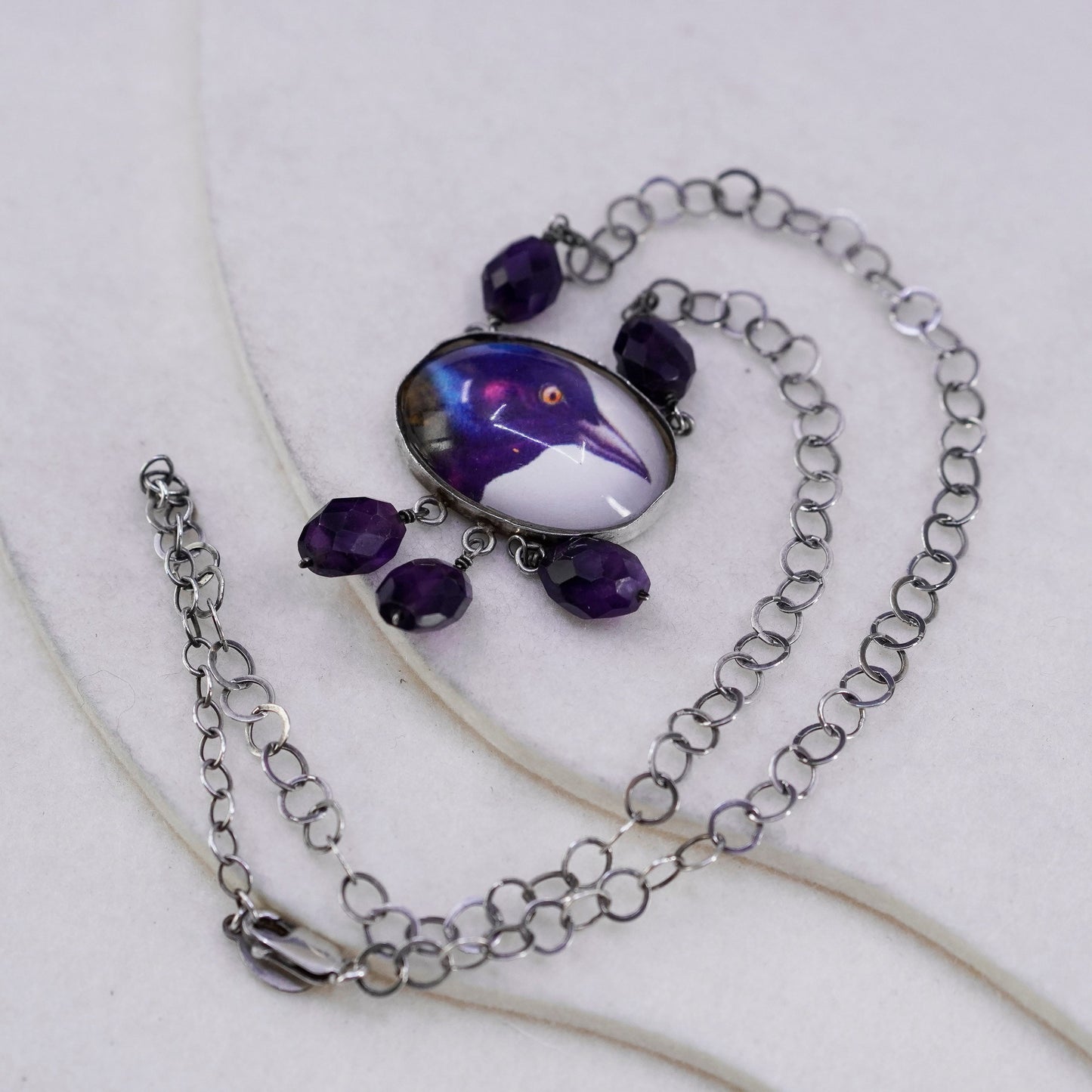 18”, Hotcakes Design sterling 925 silver necklace, Black Raven Oval Pendant