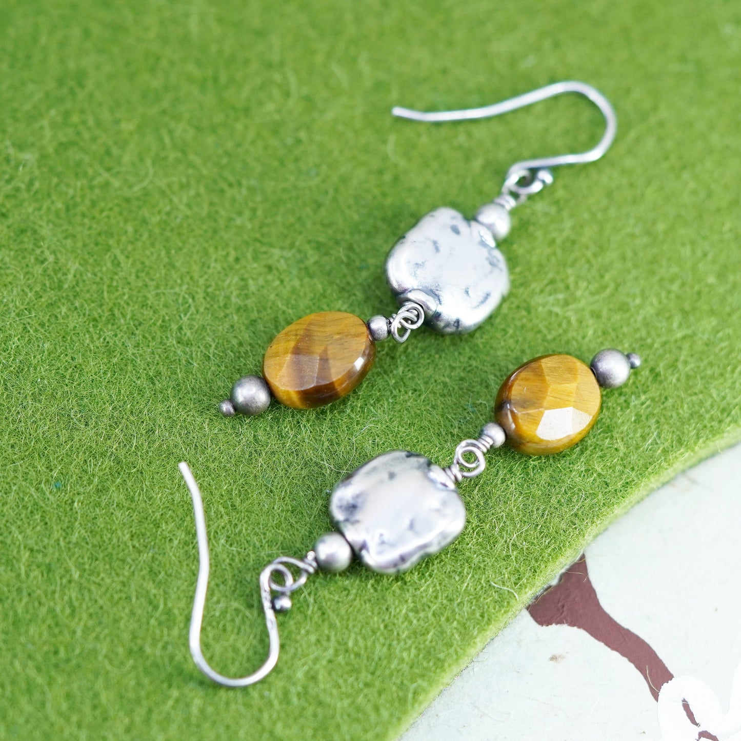 Vintage Sterling silver 925 handmade earrings, dangle with golden tiger eye
