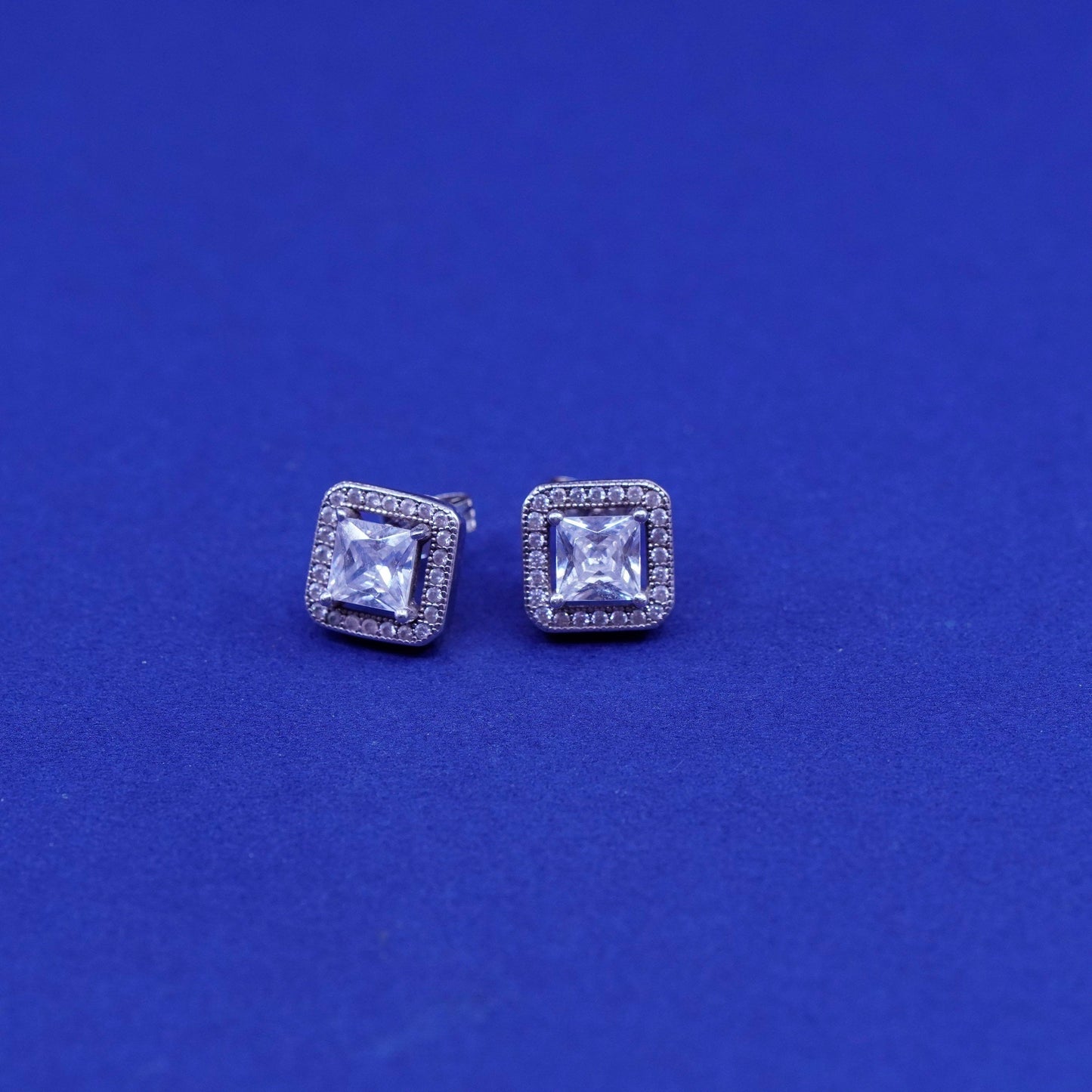 Vintage sterling silver handmade earrings, 925 studs with cluster CZ inlay
