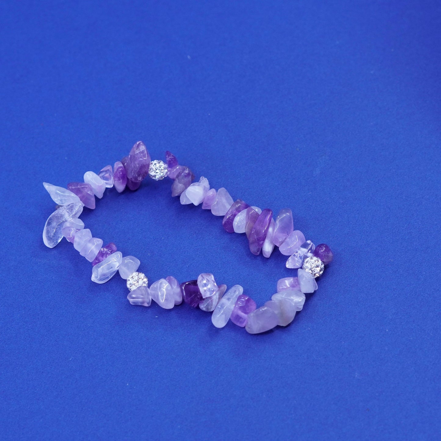 6.75”, Vintage handmade bracelet, elastic band with rose quartz and Cz beads