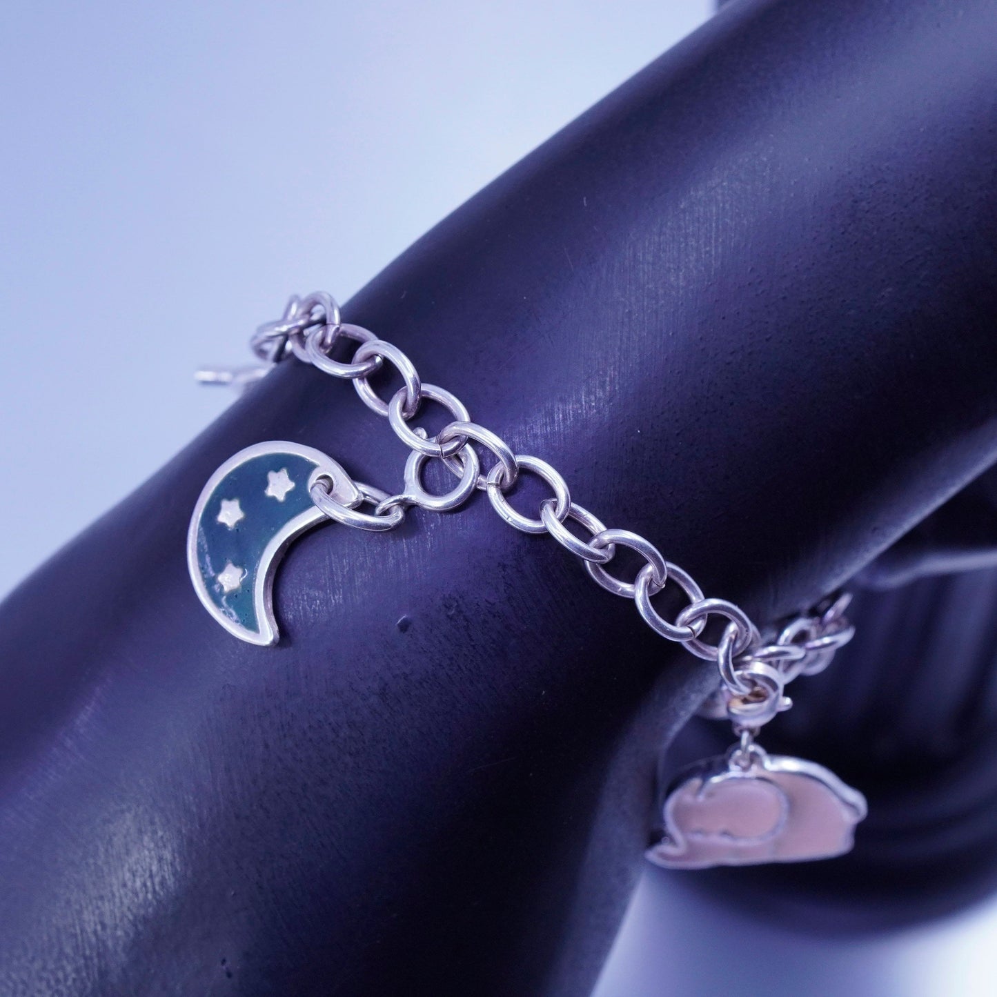 6.75”, Sterling 925 silver bracelet circle chain moon enamel elephant charms
