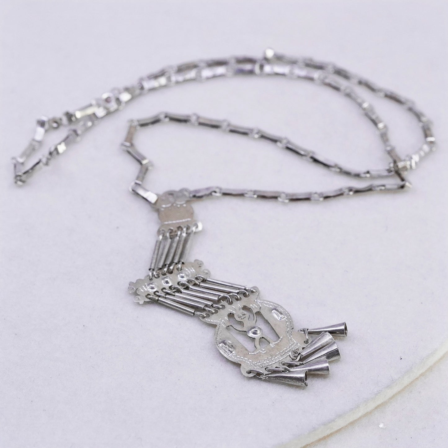 18”, Sterling 950 silver handmade elongated chain necklace with fringe pendant