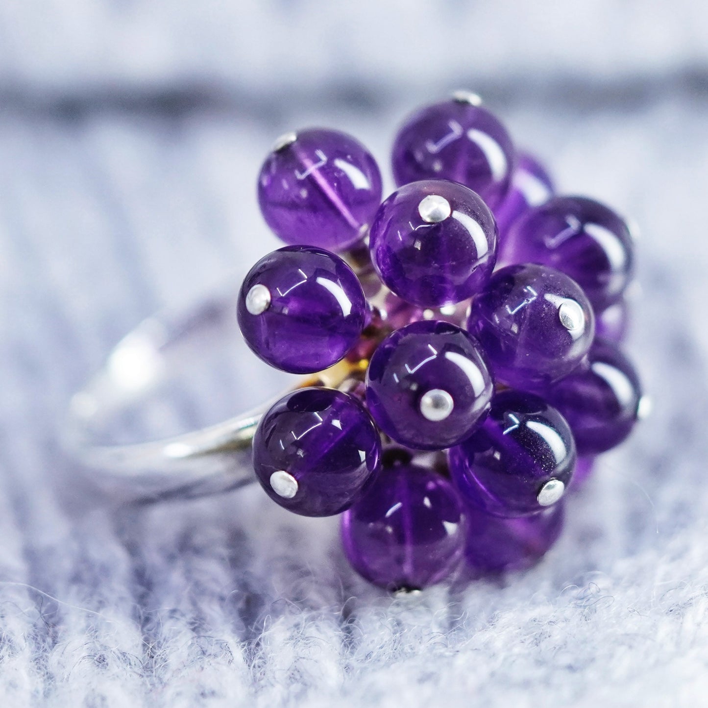 Size 8, vintage Sterling 925 silver handmade ring with cluster amethyst