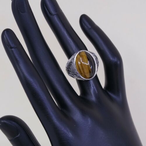 Sz 5, Vtg Handmade Sterling Silver Ring W/ Golden Tiger Eye N Filigree Details