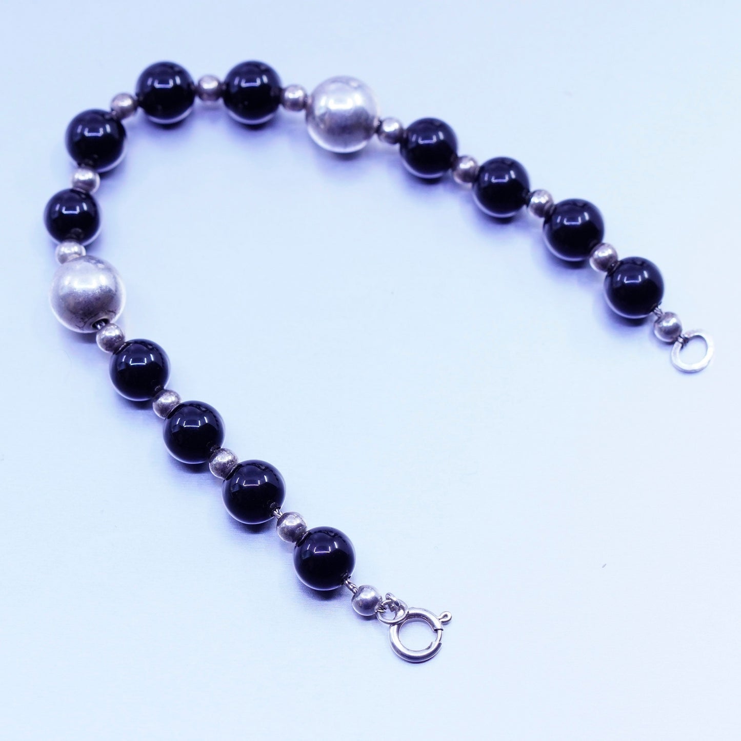 6.5”, vintage bali Sterling 925 silver bracelet with obsidian beads