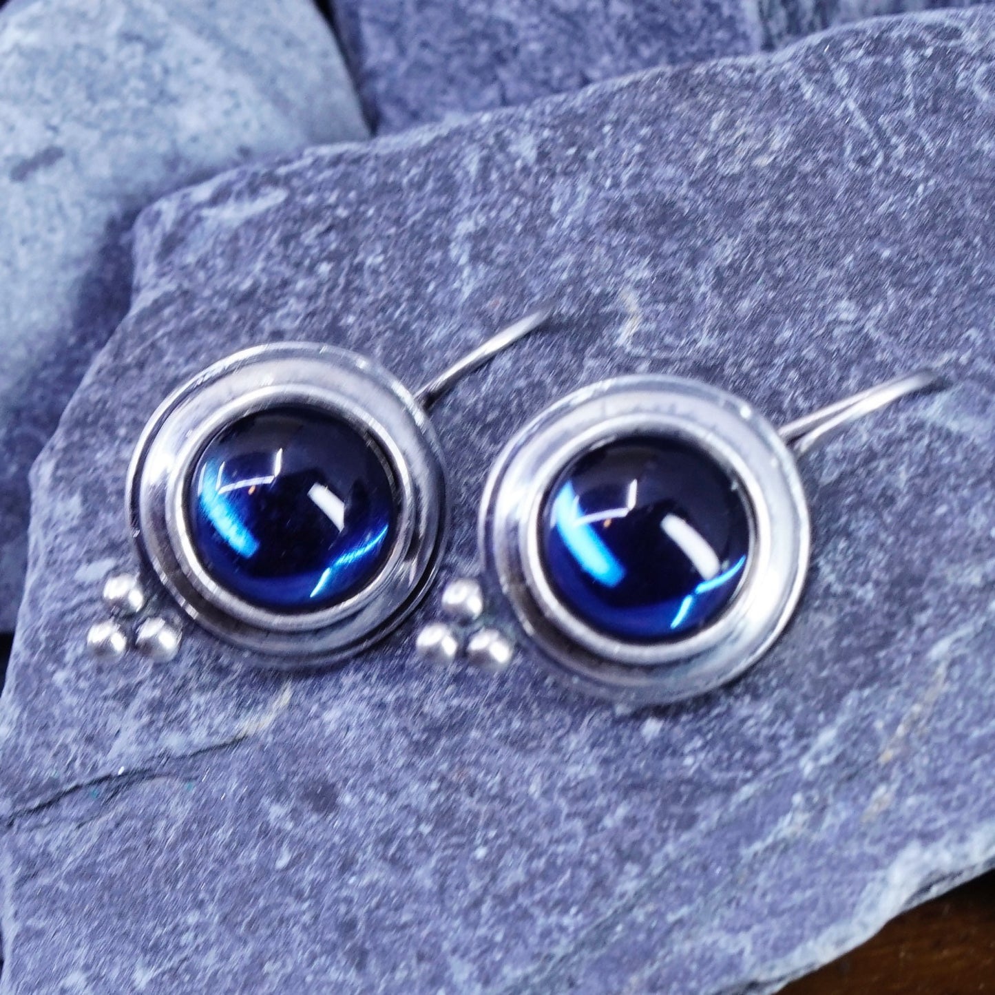 Vintage Sterling silver handmade earrings, M Fain 925 circle with blue crystal