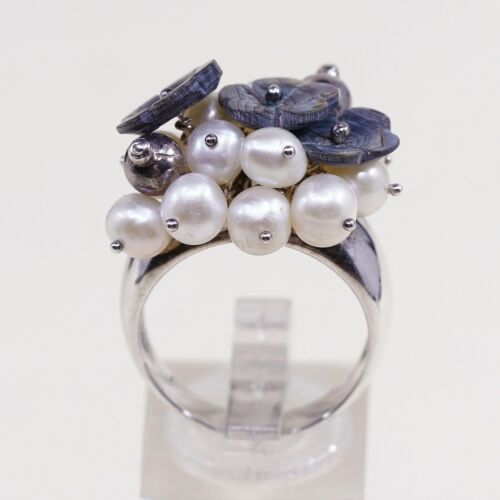 Sz 8.5, vintage Sterling 925 Silver Ring W/ Abalone flower N cluster Pearl