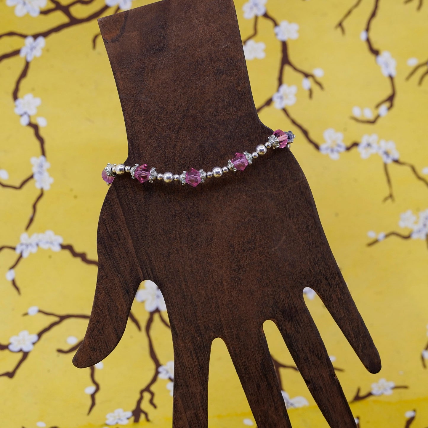 7”, Vintage Sterling silver handmade bracelet, 925 beads with pink crystal