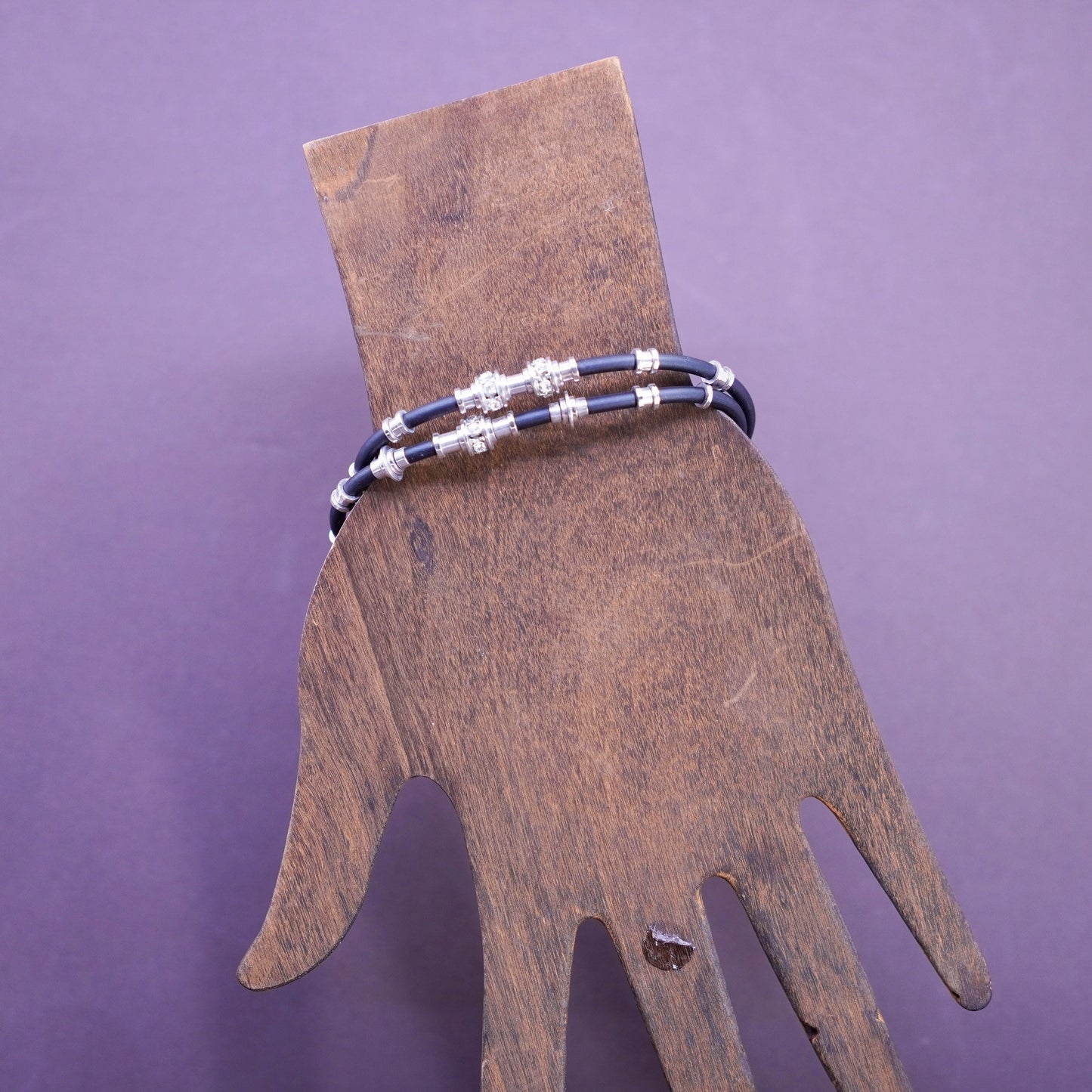 7”, double strands black rubber bracelet sterling 925 silver tube and cz charms