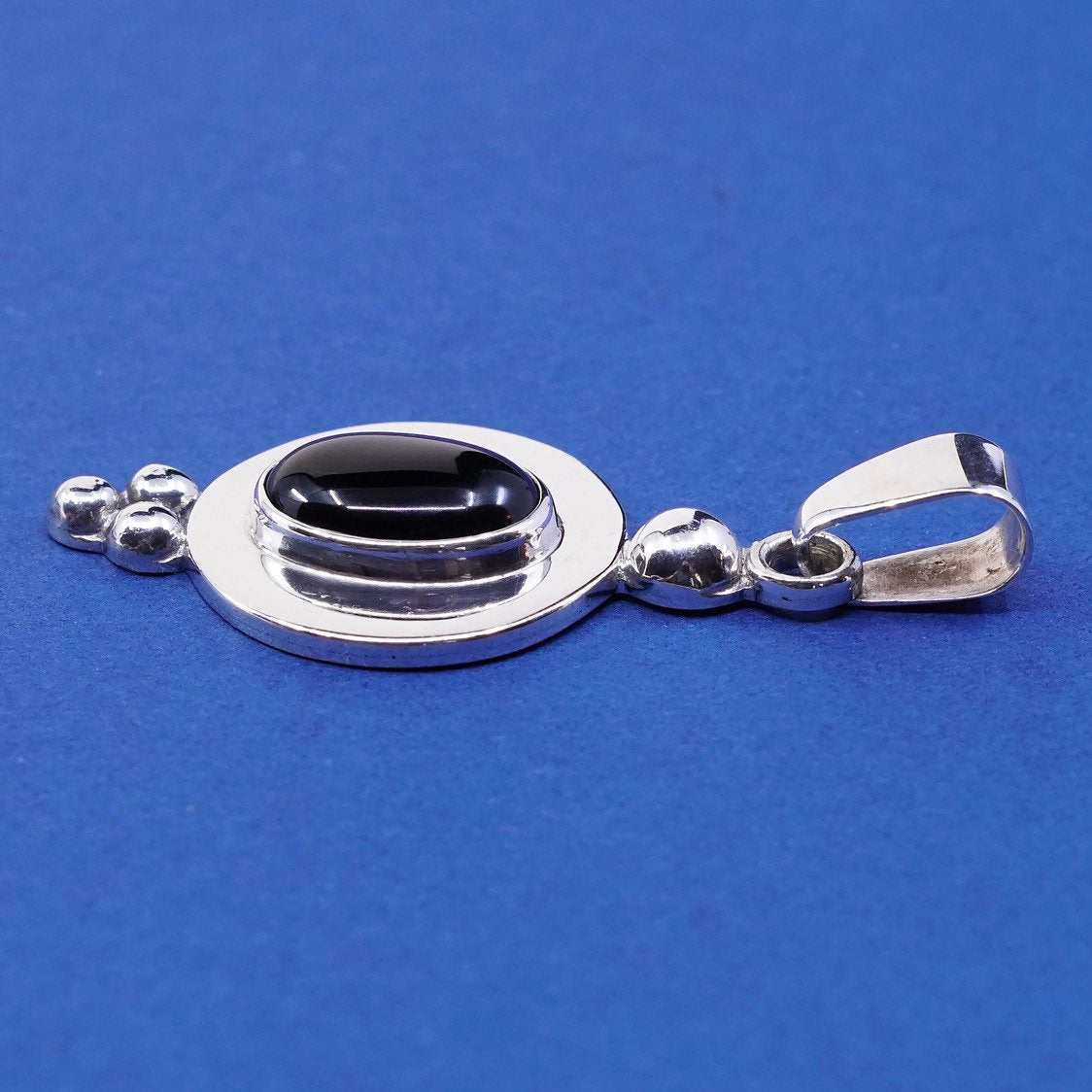 vtg Mexico CII Sterling silver handmade pendant, 925 w/ oval obsidian