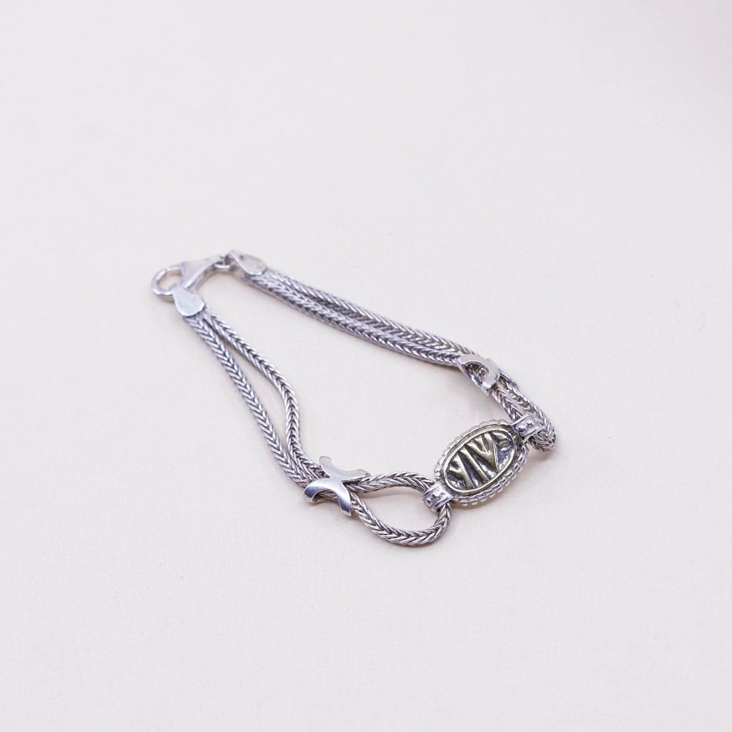 6.5”, 14K gold accent w/ sterling silver bracelet, 925 wheat chain w/ “YIW”