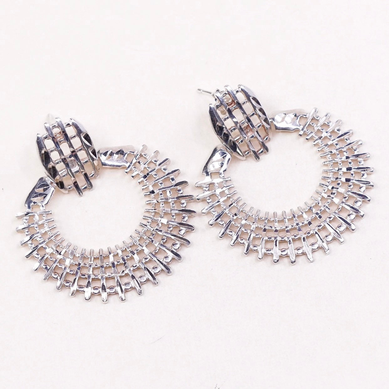 sterling 925 silver handmade earrings big circles dangle, stamped 925 NF